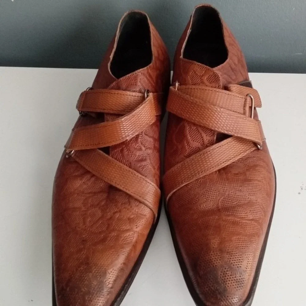 Bespoke Shoes Men Brown Leather Embossed Monk Strap Dress Formal Size‎